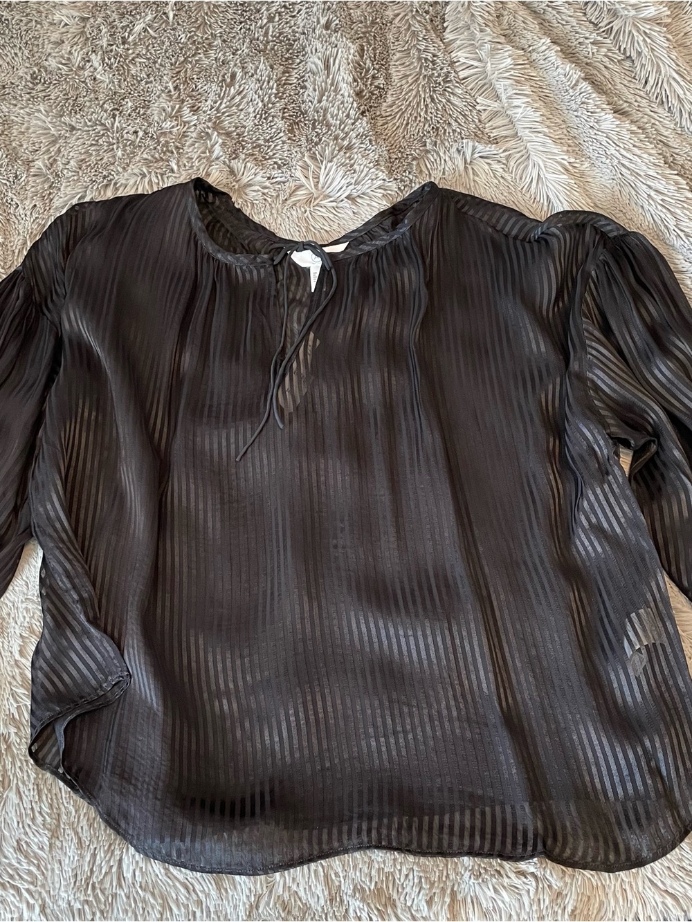 Addition Elle Black Sheer Striped Tie-Neck Blouse - Picture 10 of 15